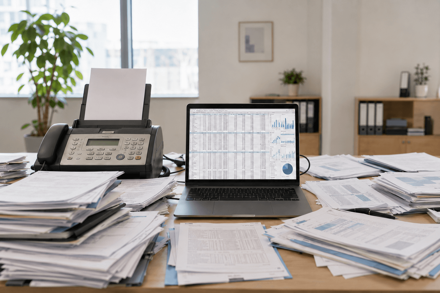Desk with papers and fax machine, laptop showing complex spreadsheet